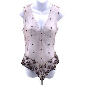Rozae Nichols Blouse L Sheer Mesh Pink Black Embroidered Old Money Exquisite